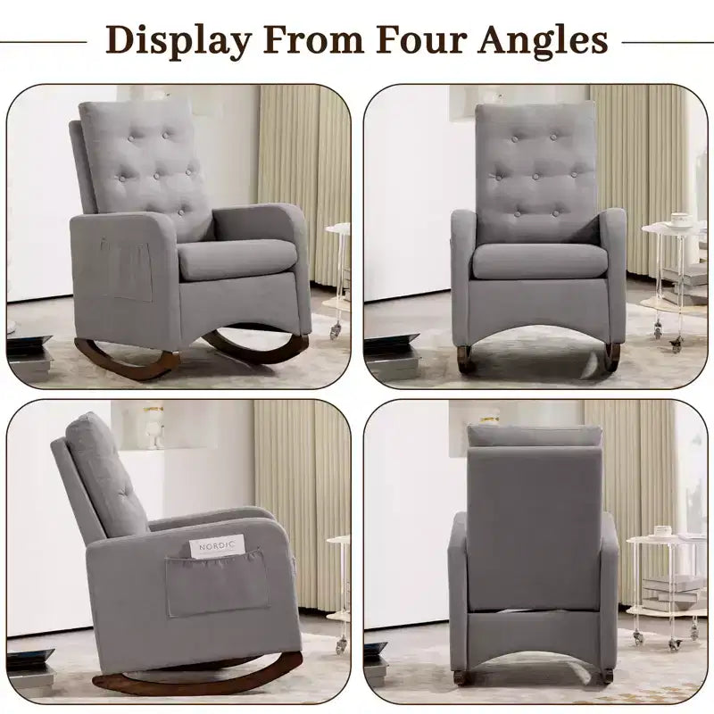 Fauteuil à bascule pour chambre d'enfant, fauteuil inclinable planeur d'intérieur avec accoudoirs, poches latérales, fauteuil rembourré confortable à dossier haut