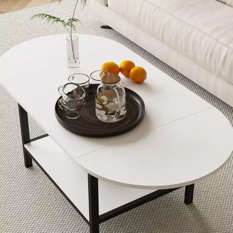 Table basse contemporaine, extensible de carré à ovale, avec étagère de rangement, réglable et peu encombrante pour le salon