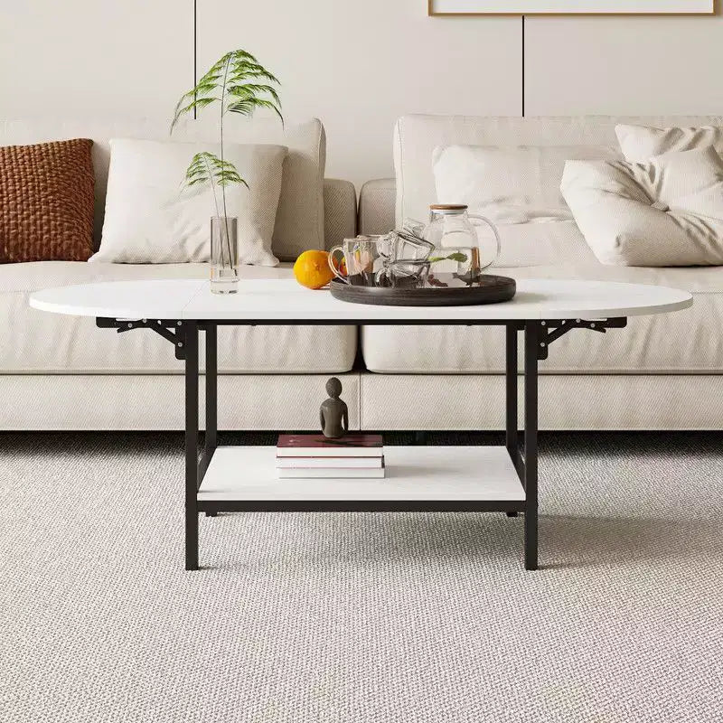 Table basse contemporaine, extensible de carré à ovale, avec étagère de rangement, réglable et peu encombrante pour le salon