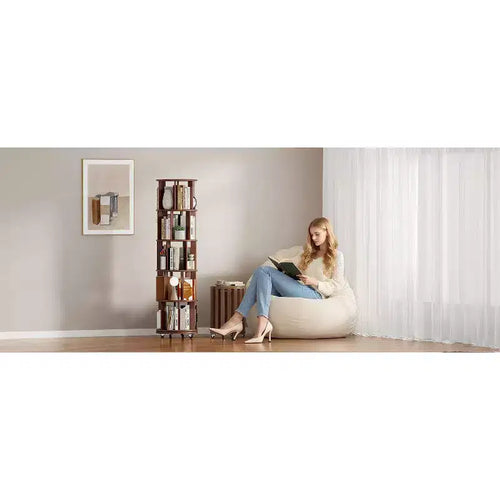 Bibliothèque rotative à 360° avec roulettes, étagère étroite en bois massif à 5 niveaux, vitrine pour salon, bureau, chambre, noyer