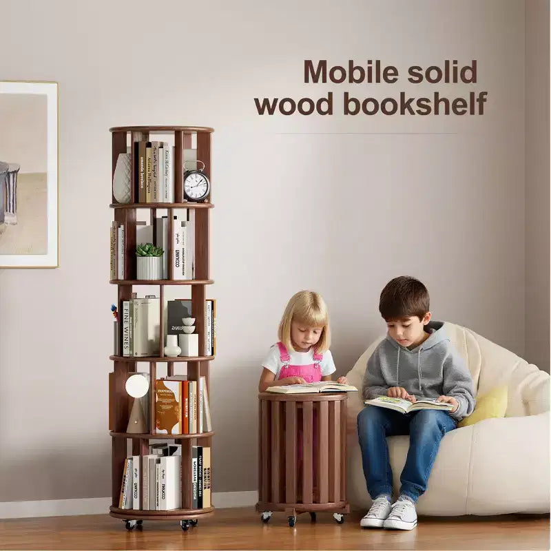 Bibliothèque rotative à 360° avec roulettes, étagère étroite en bois massif à 5 niveaux, vitrine pour salon, bureau, chambre, noyer