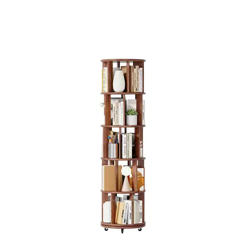 Bibliothèque rotative à 360° avec roulettes, étagère étroite en bois massif à 5 niveaux, vitrine pour salon, bureau, chambre, noyer