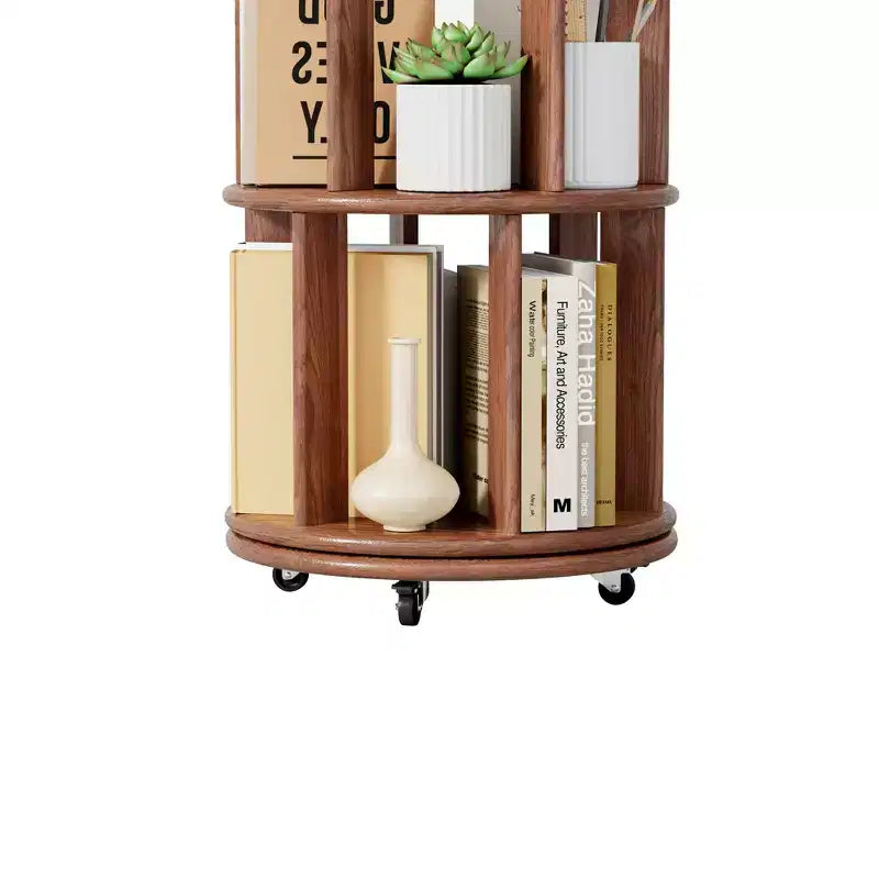 Bibliothèque rotative à 360° avec roulettes, étagère étroite en bois massif à 5 niveaux, vitrine pour salon, bureau, chambre, noyer