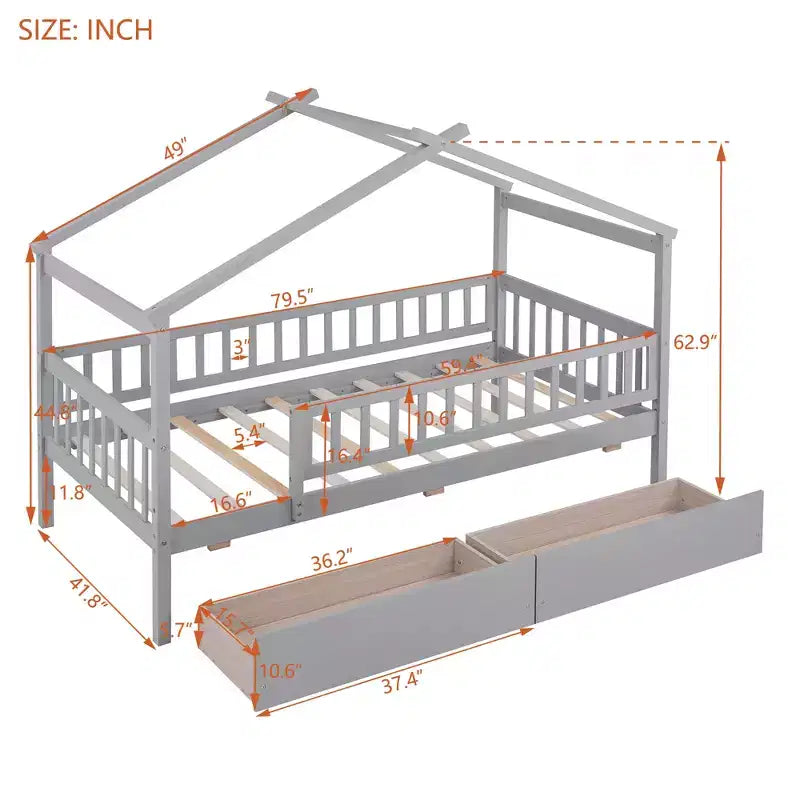 Lit cabane une place avec deux tiroirs et barrières, lit plateforme en bois pour enfants, gris