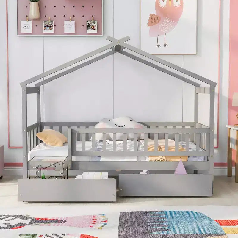 Lit cabane une place avec deux tiroirs et barrières, lit plateforme en bois pour enfants, gris