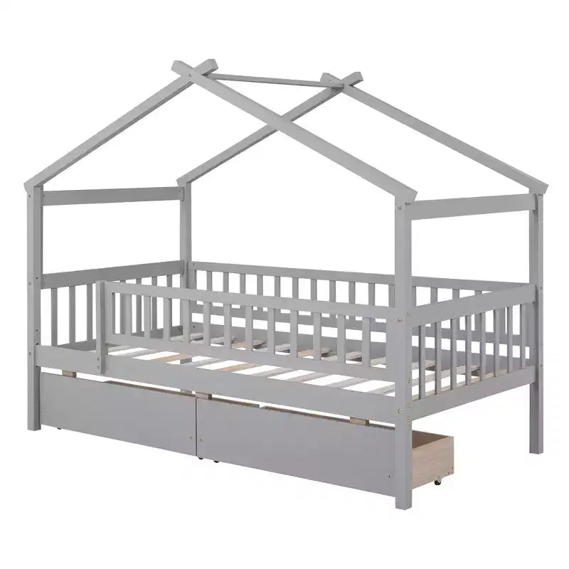 Lit cabane une place avec deux tiroirs et barrières, lit plateforme en bois pour enfants, gris