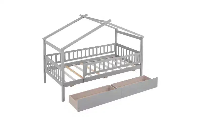 Lit cabane une place avec deux tiroirs et barrières, lit plateforme en bois pour enfants, gris