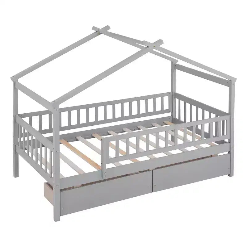 Lit cabane une place avec deux tiroirs et barrières, lit plateforme en bois pour enfants, gris