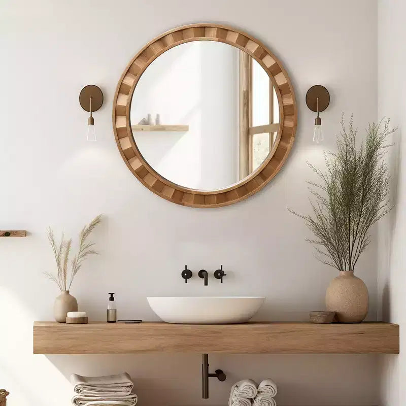 Miroir mural rond avec cadre en bois naturel, 28 décorations rustiques en bois marron