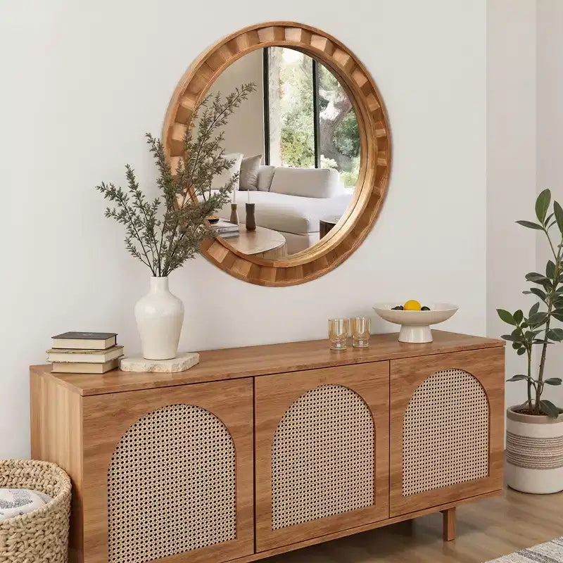 Miroir mural rond avec cadre en bois naturel, 28 décorations rustiques en bois marron
