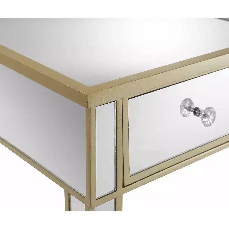 Table d'appoint Belmont avec miroir, tiroir et bouton en faux cristal, table d'appoint élégante avec base en bois de sapin et rangement dissimulé