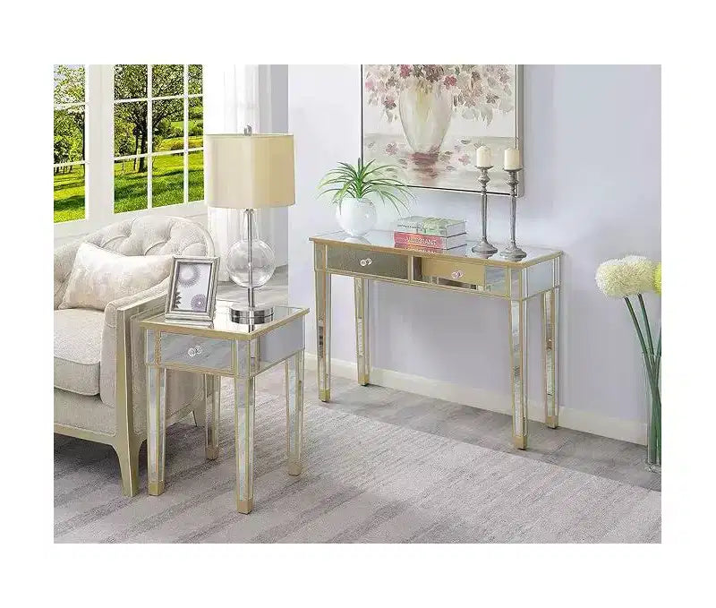 Table d'appoint Belmont avec miroir, tiroir et bouton en faux cristal, table d'appoint élégante avec base en bois de sapin et rangement dissimulé