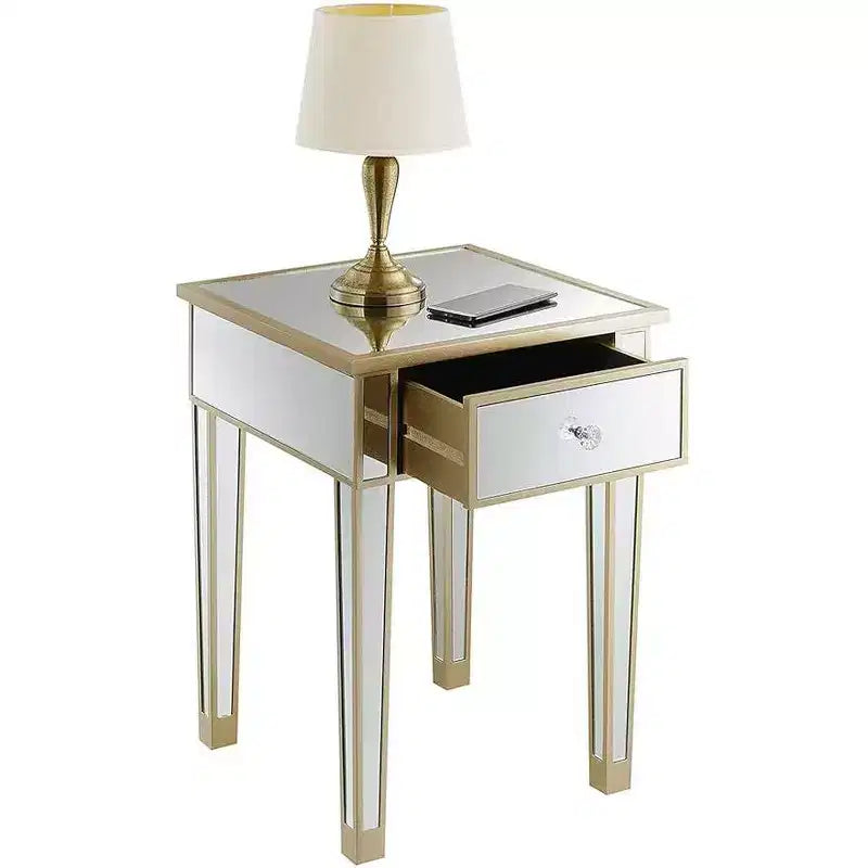 Table d'appoint Belmont avec miroir, tiroir et bouton en faux cristal, table d'appoint élégante avec base en bois de sapin et rangement dissimulé