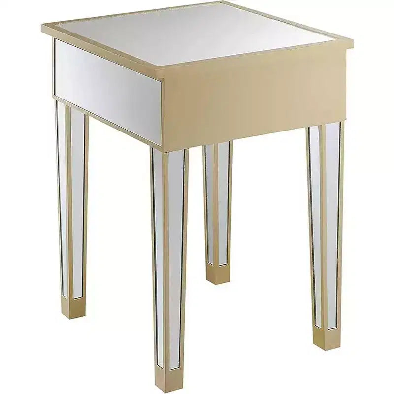 Table d'appoint Belmont avec miroir, tiroir et bouton en faux cristal, table d'appoint élégante avec base en bois de sapin et rangement dissimulé