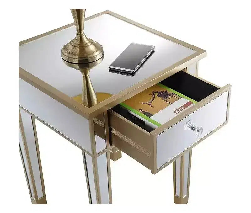 Table d'appoint Belmont avec miroir, tiroir et bouton en faux cristal, table d'appoint élégante avec base en bois de sapin et rangement dissimulé