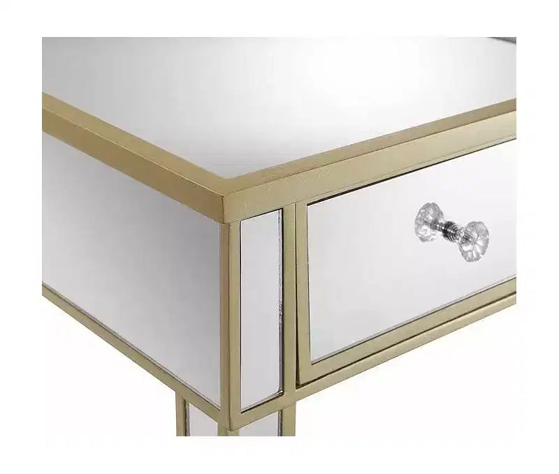 Table d'appoint Belmont avec miroir, tiroir et bouton en faux cristal, table d'appoint élégante avec base en bois de sapin et rangement dissimulé
