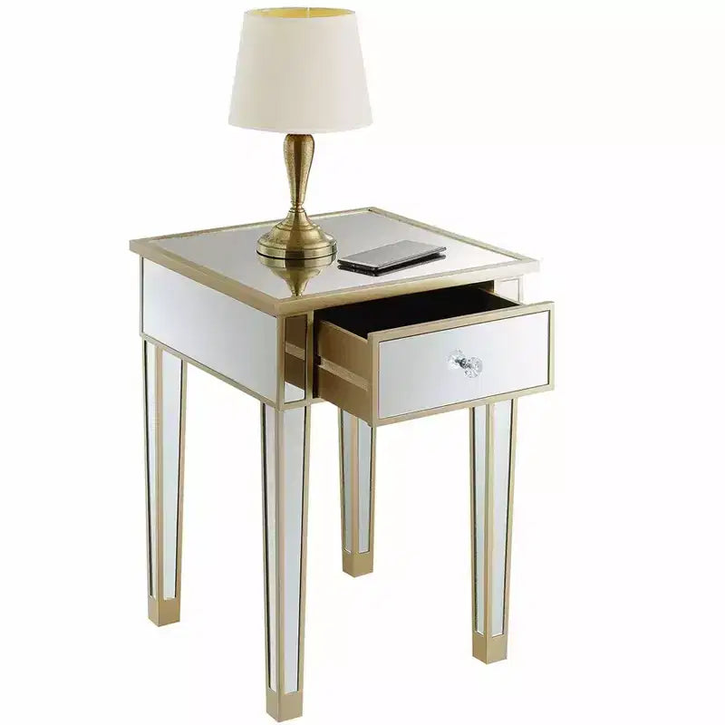 Table d'appoint Belmont avec miroir, tiroir et bouton en faux cristal, table d'appoint élégante avec base en bois de sapin et rangement dissimulé