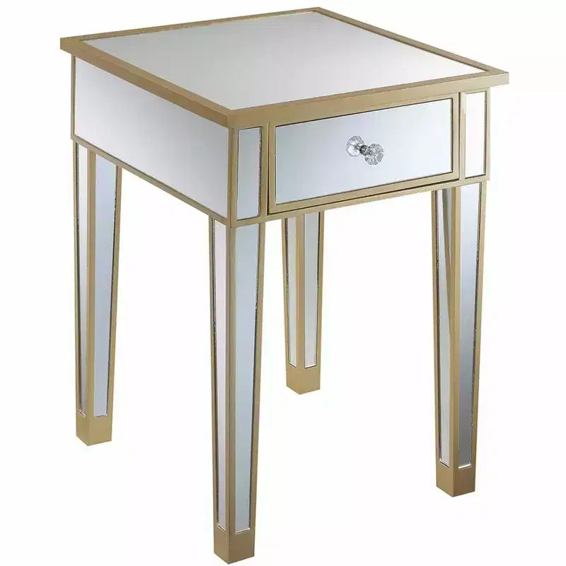 Table d'appoint Belmont avec miroir, tiroir et bouton en faux cristal, table d'appoint élégante avec base en bois de sapin et rangement dissimulé