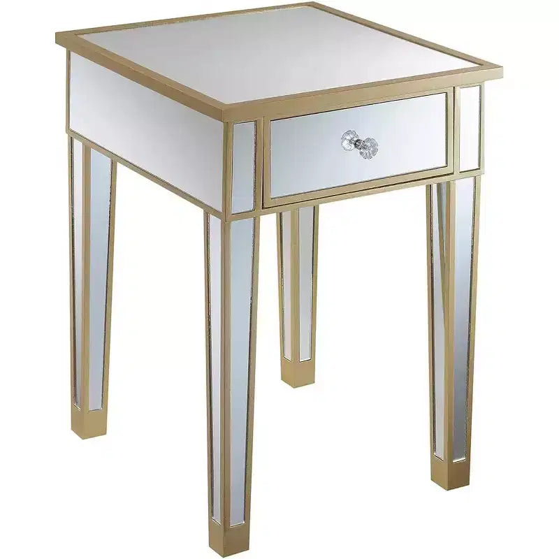 Table d'appoint Belmont avec miroir, tiroir et bouton en faux cristal, table d'appoint élégante avec base en bois de sapin et rangement dissimulé