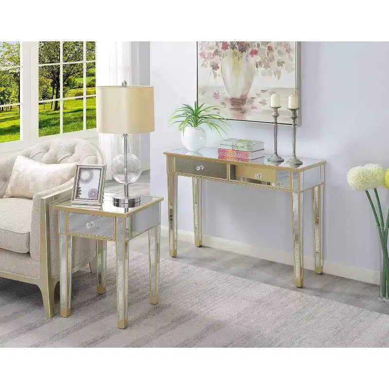 Table d'appoint Belmont avec miroir, tiroir et bouton en faux cristal, table d'appoint élégante avec base en bois de sapin et rangement dissimulé