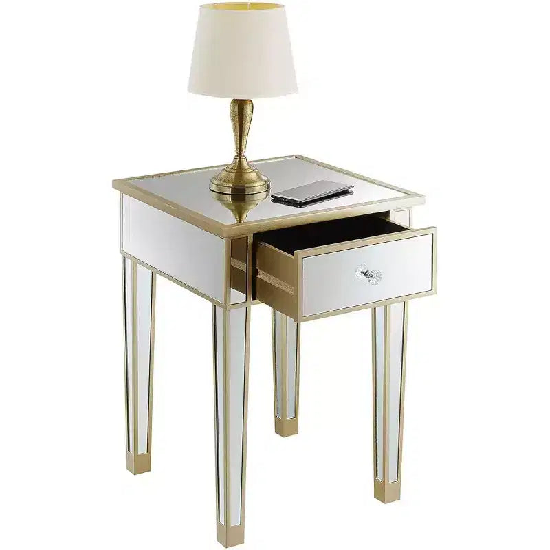 Table d'appoint Belmont avec miroir, tiroir et bouton en faux cristal, table d'appoint élégante avec base en bois de sapin et rangement dissimulé