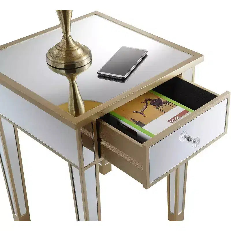 Table d'appoint Belmont avec miroir, tiroir et bouton en faux cristal, table d'appoint élégante avec base en bois de sapin et rangement dissimulé
