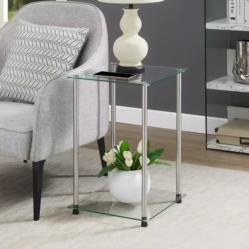 Table d'appoint carrée Belmont Glass à 2 niveaux, table d'appoint moderne avec étagères en verre trempé et cadre en acier inoxydable