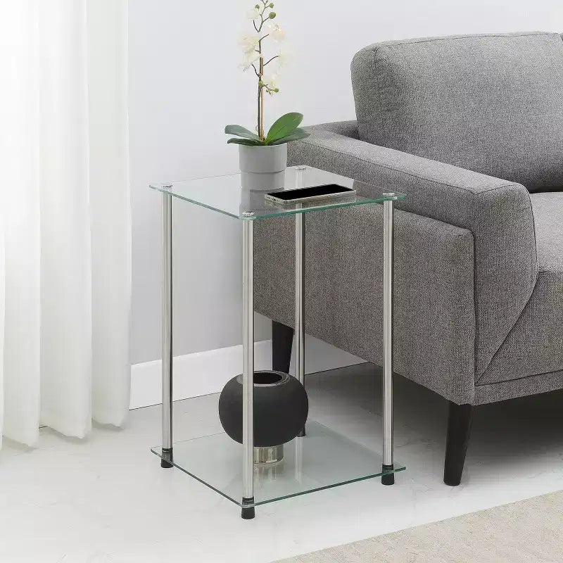 Table d'appoint carrée Belmont Glass à 2 niveaux, table d'appoint moderne avec étagères en verre trempé et cadre en acier inoxydable
