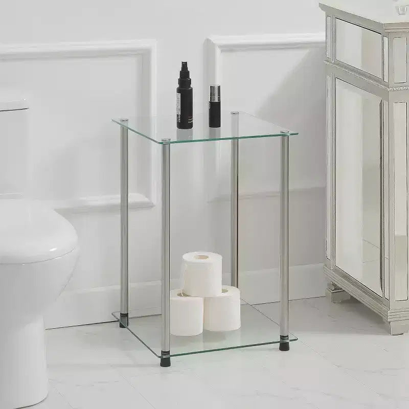 Table d'appoint carrée Belmont Glass à 2 niveaux, table d'appoint moderne avec étagères en verre trempé et cadre en acier inoxydable