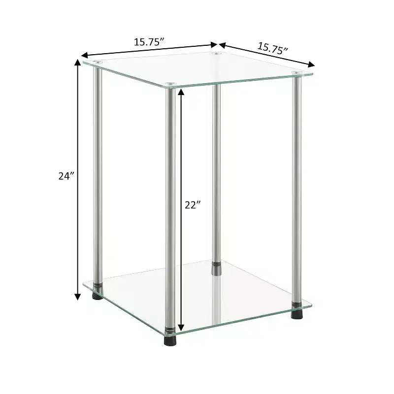 Table d'appoint carrée Belmont Glass à 2 niveaux, table d'appoint moderne avec étagères en verre trempé et cadre en acier inoxydable