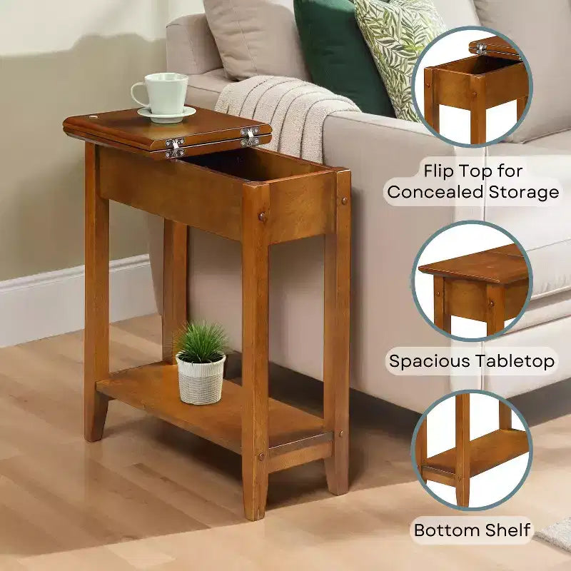 Table d'appoint étroite Belmont avec étagère ouverte, bords biseautés et pieds fuselés, parfaite entre les chaises ou dans les petits espaces