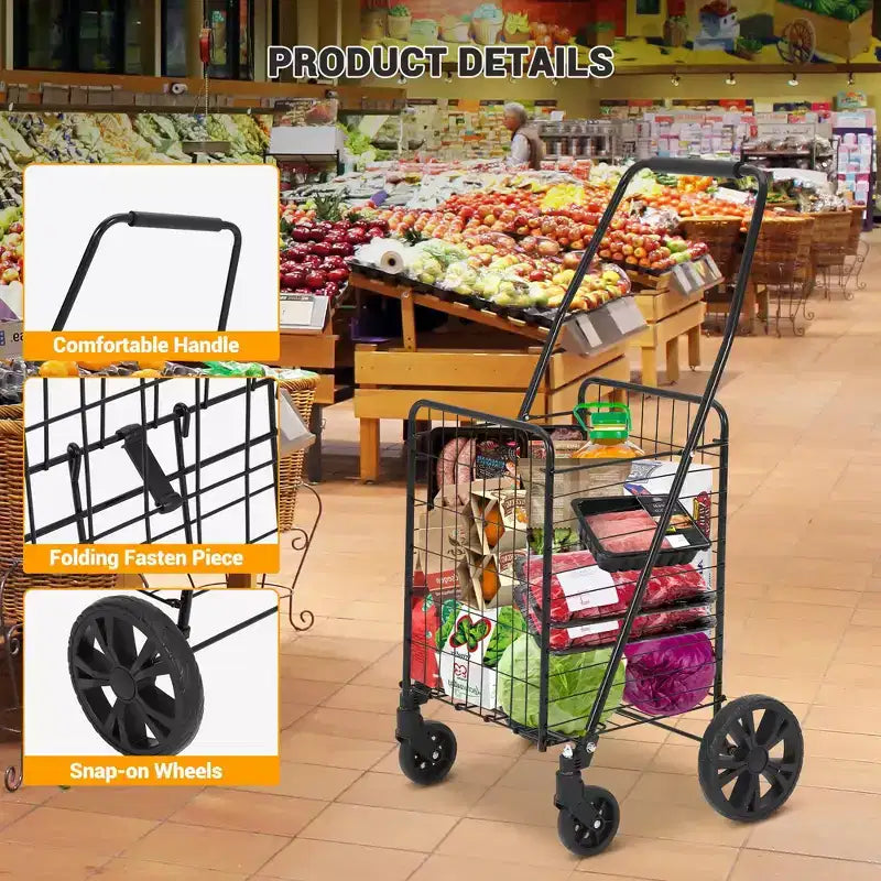 Chariot de courses pliable, capacité de 50 kg, chariot d'épicerie pliable avec panier et roues de 83 L, chariot de courses portable léger pour les courses