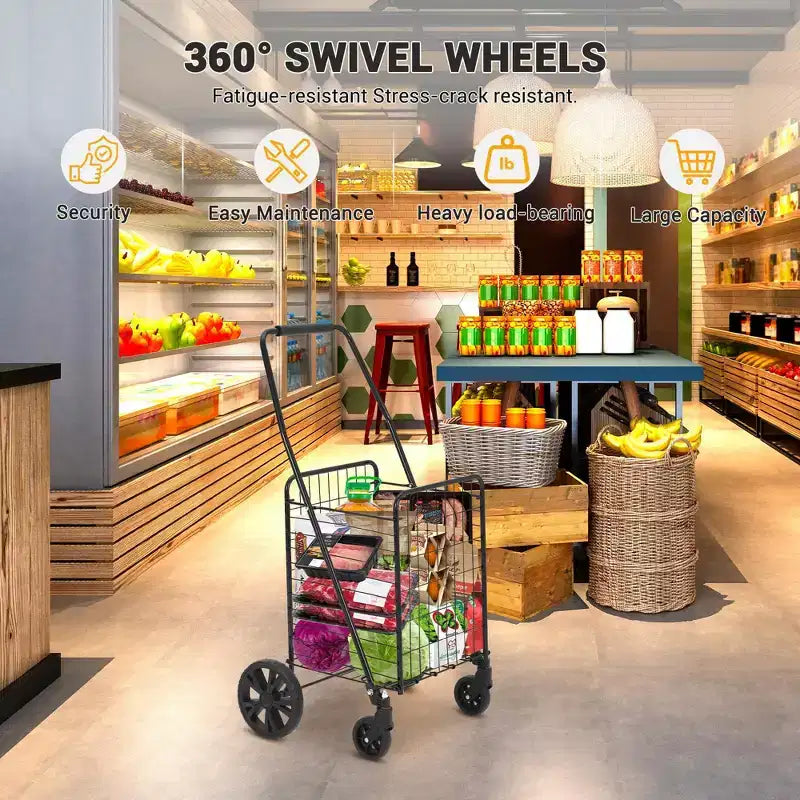 Chariot de courses pliable, capacité de 50 kg, chariot d'épicerie pliable avec panier et roues de 83 L, chariot de courses portable léger pour les courses
