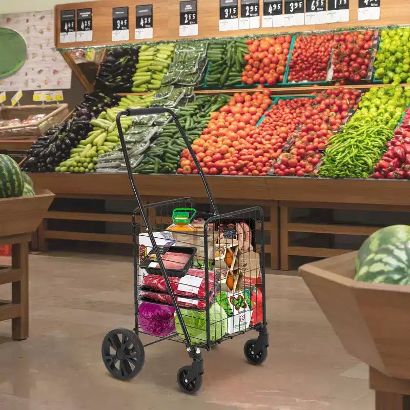 Chariot de courses pliable, capacité de 50 kg, chariot d'épicerie pliable avec panier et roues de 83 L, chariot de courses portable léger pour les courses