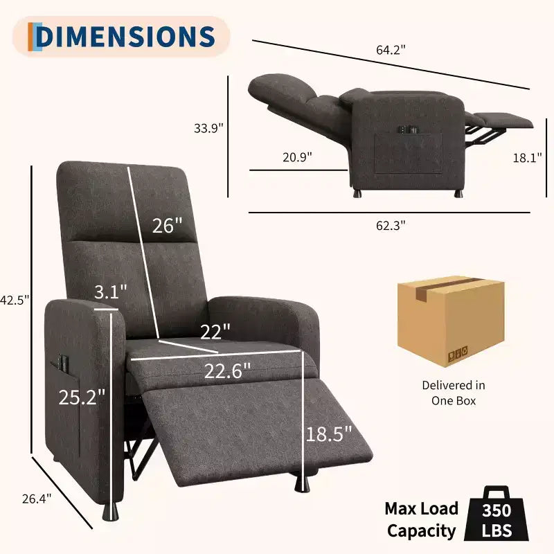 Fauteuil inclinable électrique avec massage et chaleur, dossier haut rembourré, assise capitonnée, siège de cinéma maison pour salon