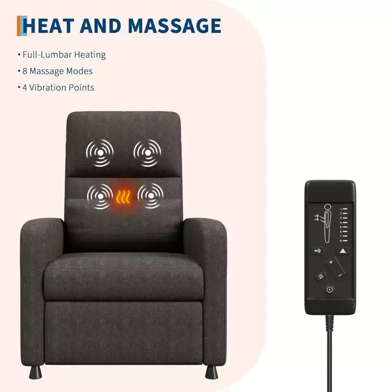 Fauteuil inclinable électrique avec massage et chaleur, dossier haut rembourré, assise capitonnée, siège de cinéma maison pour salon