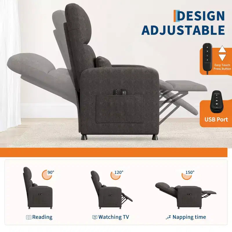 Fauteuil inclinable électrique avec massage et chaleur, dossier haut rembourré, assise capitonnée, siège de cinéma maison pour salon