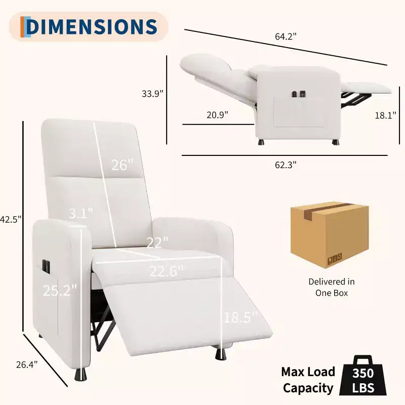 Fauteuil inclinable électrique avec massage et chaleur, dossier haut rembourré, assise capitonnée, siège de cinéma maison pour salon