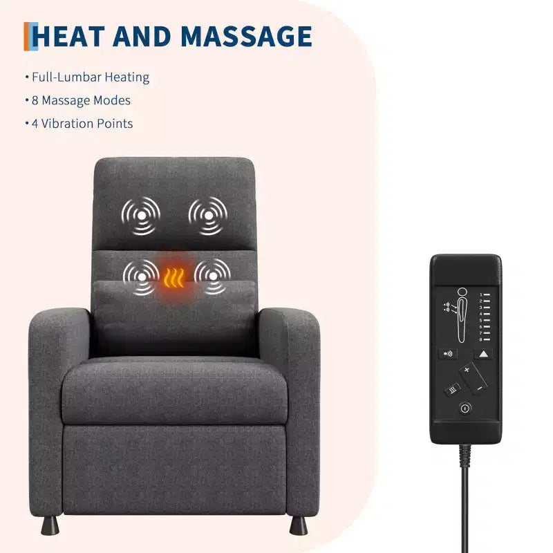 Fauteuil inclinable électrique avec massage et chaleur, dossier haut rembourré, assise capitonnée, siège de cinéma maison pour salon