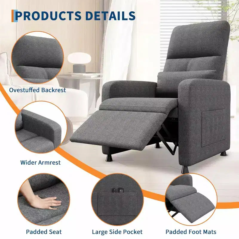 Fauteuil inclinable électrique avec massage et chaleur, dossier haut rembourré, assise capitonnée, siège de cinéma maison pour salon