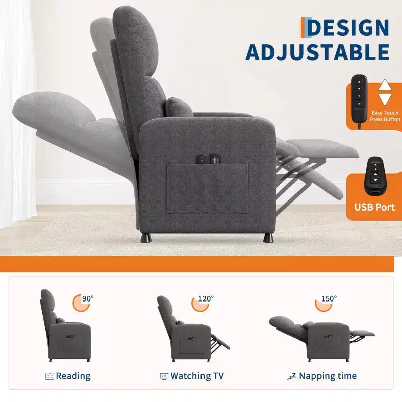 Fauteuil inclinable électrique avec massage et chaleur, dossier haut rembourré, assise capitonnée, siège de cinéma maison pour salon
