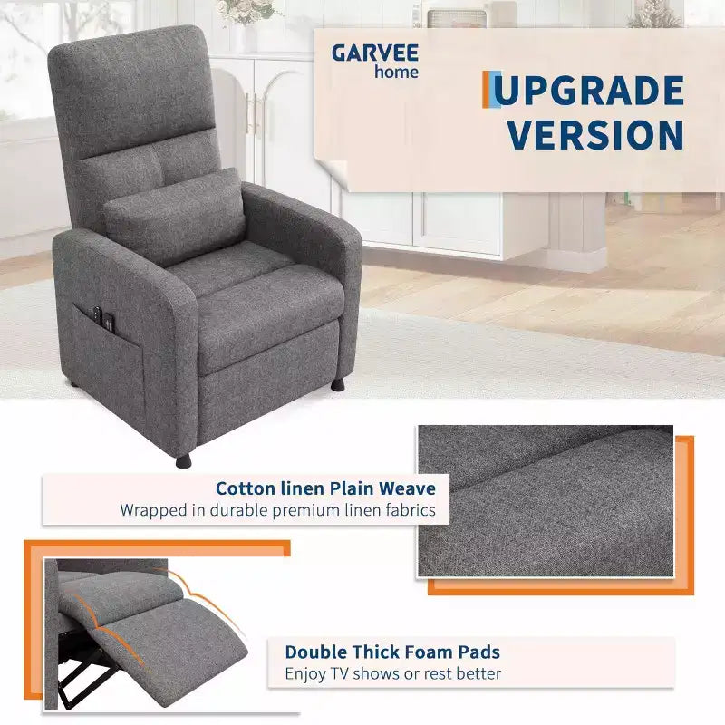 Fauteuil inclinable électrique avec massage et chaleur, dossier haut rembourré, assise capitonnée, siège de cinéma maison pour salon