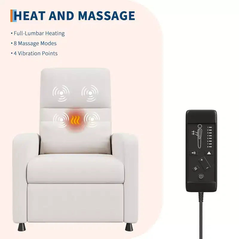 Fauteuil inclinable électrique avec massage et chaleur, dossier haut rembourré, assise capitonnée, siège de cinéma maison pour salon
