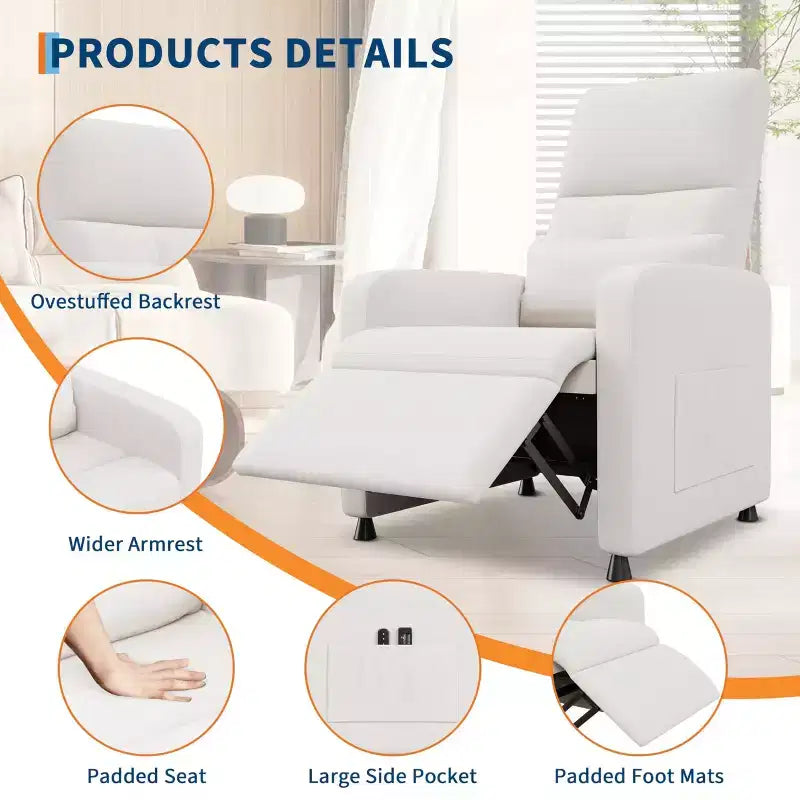 Fauteuil inclinable électrique avec massage et chaleur, dossier haut rembourré, assise capitonnée, siège de cinéma maison pour salon