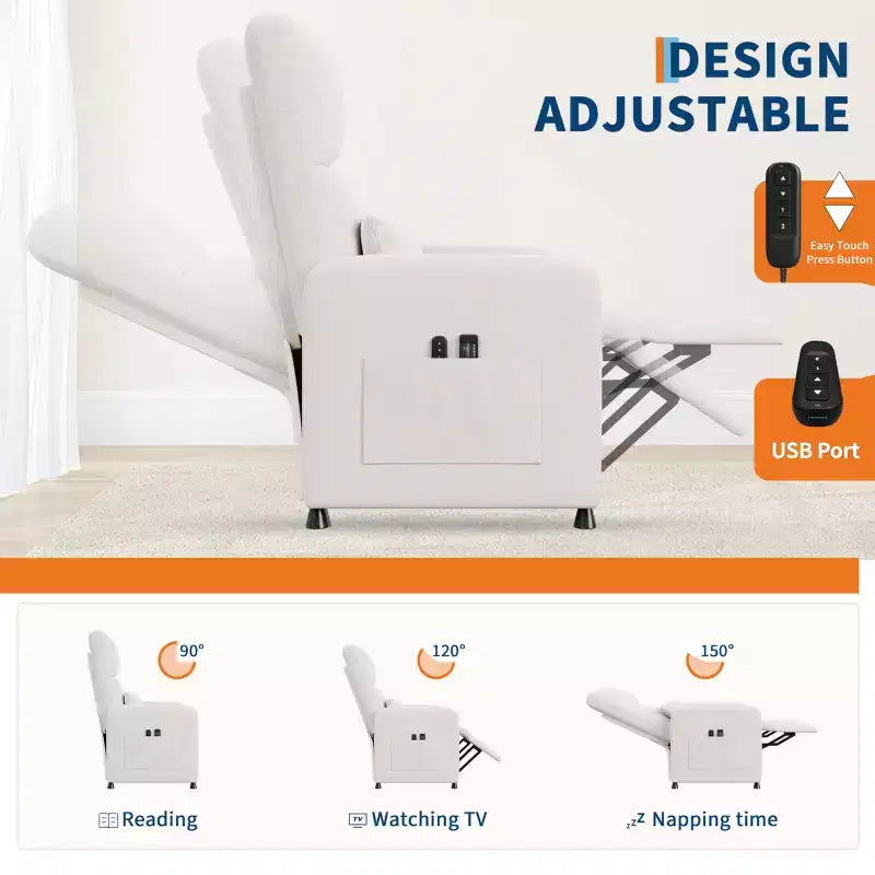 Fauteuil inclinable électrique avec massage et chaleur, dossier haut rembourré, assise capitonnée, siège de cinéma maison pour salon
