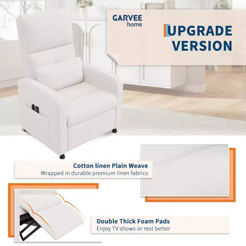 Fauteuil inclinable électrique avec massage et chaleur, dossier haut rembourré, assise capitonnée, siège de cinéma maison pour salon