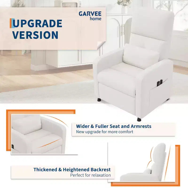 Fauteuil inclinable électrique avec massage et chaleur, dossier haut rembourré, assise capitonnée, siège de cinéma maison pour salon