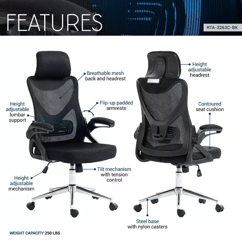 Chaise de bureau ergonomique en maille, chaise de bureau avec appui-tête et support lombaire, chaise entrecroisée avec base chromée pour bureau, maison, noir