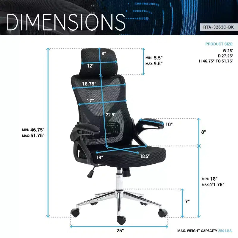 Chaise de bureau ergonomique en maille, chaise de bureau avec appui-tête et support lombaire, chaise entrecroisée avec base chromée pour bureau, maison, noir