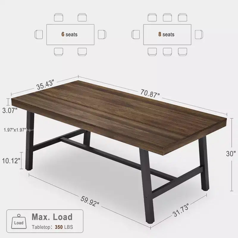 Table à manger industrielle pour 6 à 8 personnes, table à manger rectangulaire de 200 cm de long, table de cuisine en bois avec cadre métallique robuste pour salle à manger
